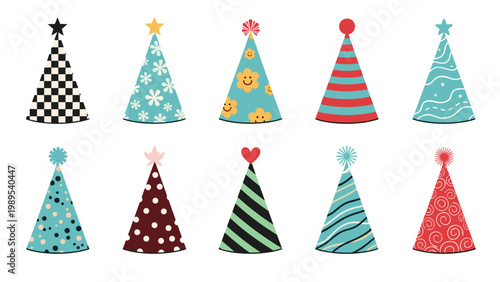 Lively collection of ten distinct and colorful party hats, each adorned with unique patterns including checkers, flowers, and stripes, for celebrations.