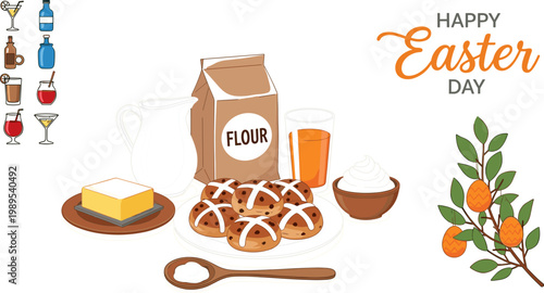 Happy Easter Day Baking Set with Cookies Flour Butter Cream Easter Eggs Branch and Drink Icons for Holiday Design