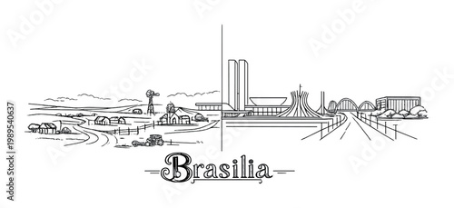 Brasilia skyline contrast of traditional rural landscape and modernist government architecture for travel poster design and background