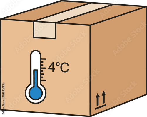 Controlled Temperature Box: Illustration of a cardboard box displaying a temperature gauge set to 4 degrees Celsius, indicating a controlled environment