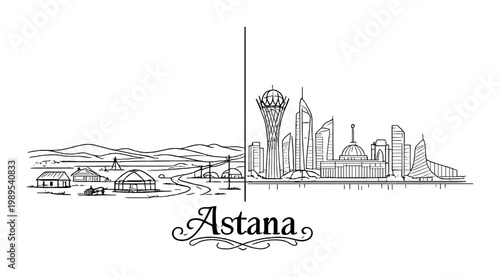 Astana skyline contrast of traditional nomadic dwellings and futuristic skyscrapers for travel poster design and background
