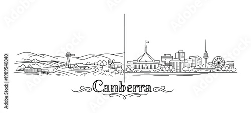 Canberra skyline contrast of pastoral farmland and modern government district featuring parliament for travel poster design and background