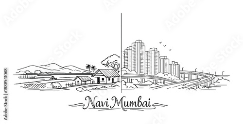 Navi mumbai urban skyline and rural farmland contrast with highway flyover and houses for transportation poster background and design