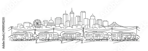 Rv campground with city skyline and ferris wheel beside trailer homes for travel brochure background and design