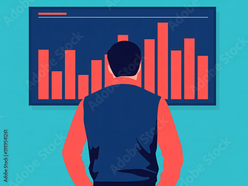 A man in a blue shirt stands in front of a large screen displaying a bar graph with red bars on a dark blue background.