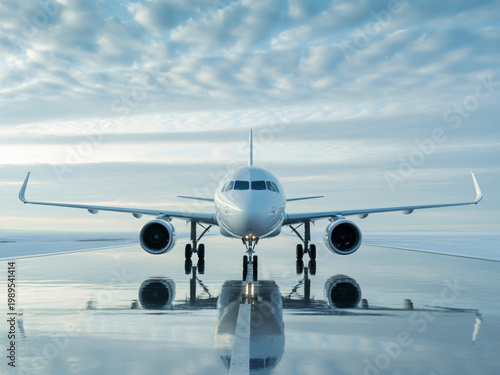 A large commercial airplane is parked on a runway with a cloudy sky in the background.