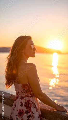 A woman in a floral dress, wearing sunglasses, gazes toward a vibrant sunset over a tranquil body of water