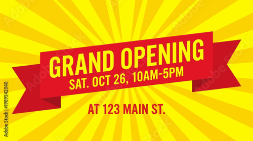 Grand opening announcement flyer with red and gold design.