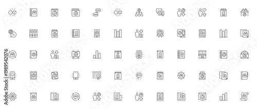 Business icon set. Vector collection of minimalist linear icons for customer feedback, accounting, global communication, travel, leadership, reports, charts, and office work. Editable stroke.