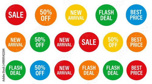Colorful sale and discount labels.