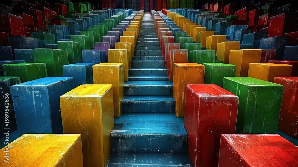 Fototapeta premium Brightly colored blocks create a stunning staircase with a mesmerizing pattern