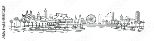 Coastal city skyline with ferris wheel and marina line drawing in monochrome for banner background and travel poster design