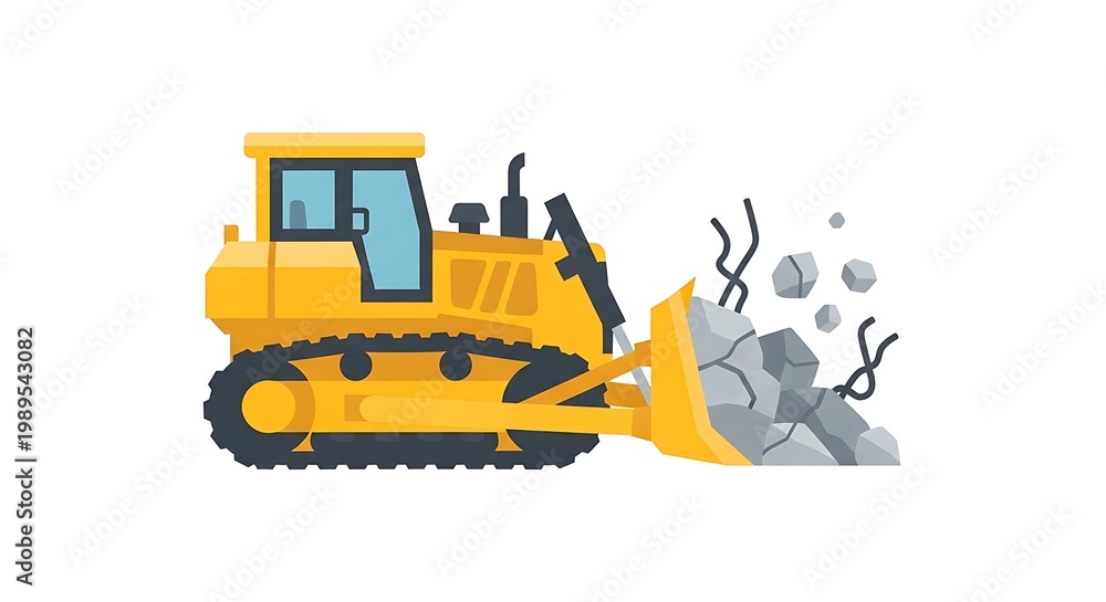 Obraz premium Bulldozer pushing rocks, heavy construction machinery clearing site, flat illustration isolated on white
