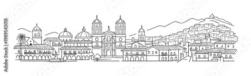 Colonial town skyline with cathedral domes and hillside houses for background, poster and banner design
