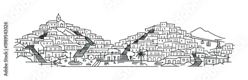 Mediterranean hillside village with terraced white houses and stairways for background, poster and travel brochure design