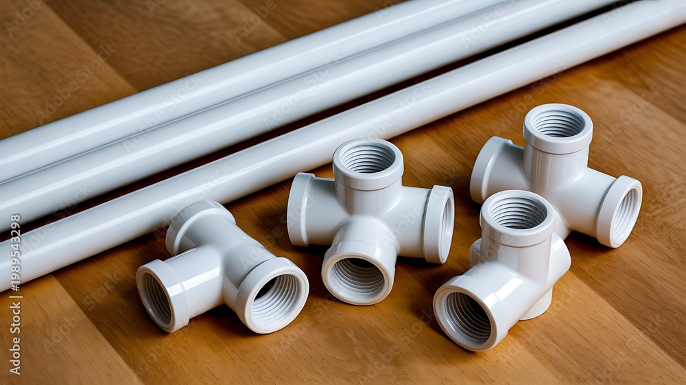 Fototapeta premium White pvc pipes and fittings on wooden floor plumbing materials