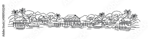 Tropical stilt village waterfront with palm trees, boats and wooden piers for background and banner design