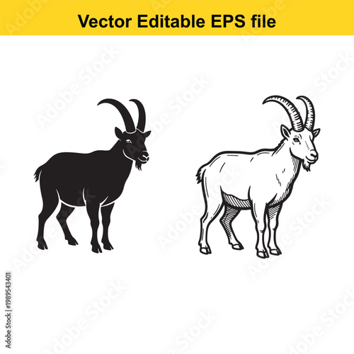 Vector art of two goats, one black silhouette and one detailed sketch