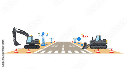Airport Runway Maintenance and Infrastructure Construction with Heavy Machinery Excavator and Bulldozer Flat Vector Illustration