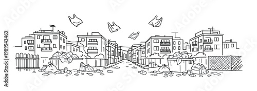 Residential alley with overflowing dumpsters and scattered garbage for environmental awareness background poster and banner design