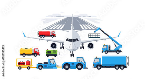 Airport Ground Support Equipment and Aircraft Logistics Illustration with Maintenance Vehicles on Runway