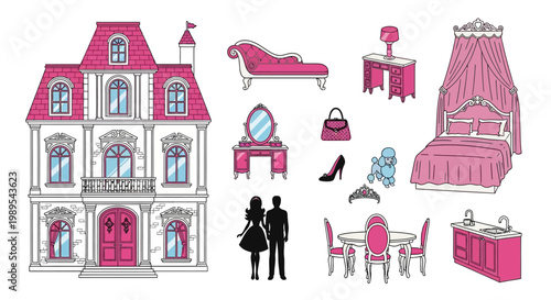 Dollhouse mansion features luxurious pink furniture and classic décor.