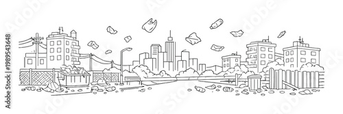 Residential neighborhood litter scene with plastic bags blowing across streets and overflowing dumpster for environmental awareness poster design background