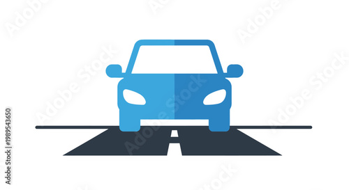 Blue Car Vector Illustration Front View on Open Highway Road - Minimalist Automobile Icon for Transportation Logistics and Travel Concepts