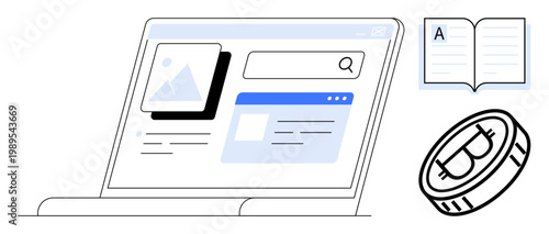 Cryptocurrency, online education, e-commerce, web design, blockchain, digital assets. Laptop with web display, book bitcoin icon. Cryptocurrency and online education visually
