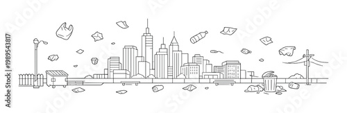 City skyline with floating litter and overflowing trash can background for environmental awareness poster design and anti litter cleanup campaign