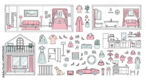 Dollhouse interior design kit provides various rooms and stylish decor.