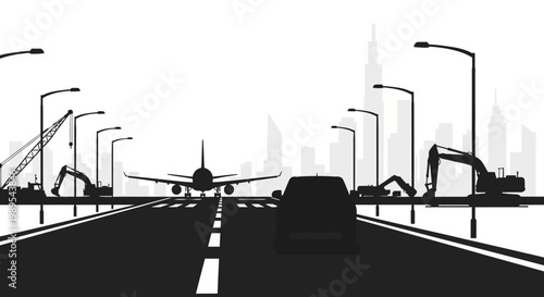 Logistics and Infrastructure Silhouette with Airplane, Vehicle, and Construction Equipment on City Skyline Background