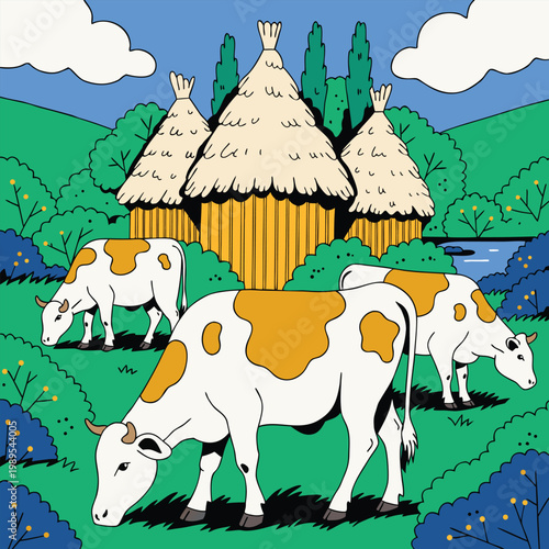 A cute cartoon vector illustration of funny black and white dairy cows and domestic cattle grazing in a sunny green farm meadow field.