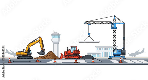 Airport Runway Construction Site with Heavy Machinery, Excavator, Bulldozer, and Crane Illustration