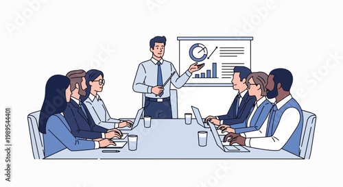 Flat illustration of a diverse business team in a meeting with a presenter pointing at a graph on a screen in a modern office setting with a professional mood.