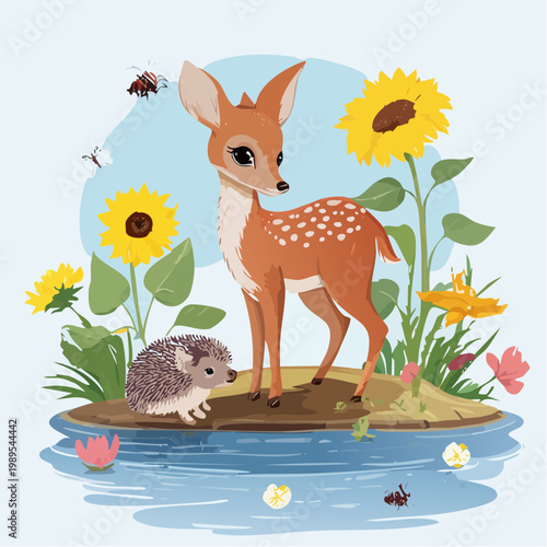 Sommer – Rehkitz & Igel am Teich