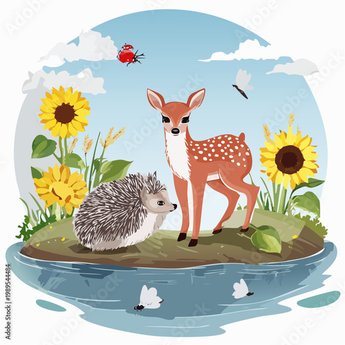 Sommer – Rehkitz & Igel am Teich