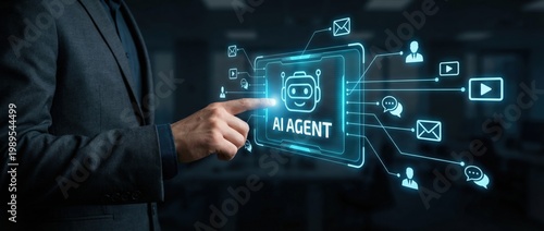 Interactive ai agent technology demonstration in a corporate office environment showcasing digital innovation and communication tools