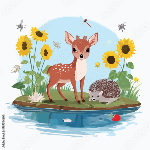 Sommer – Rehkitz & Igel am Teich