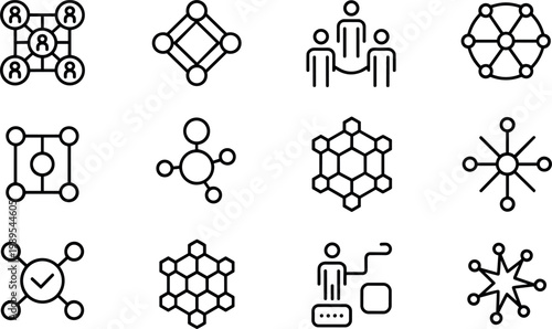 Blockchain and network icon set featuring decentralized connection nodes cryptocurrency structure and digital technology outline vector symbols