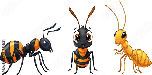 Cartoon Insect Character Set Featuring Ant Bee and Termite with Cute Expressions Isolated on White Background for Educational, Kids, and Nature Illustration Designs