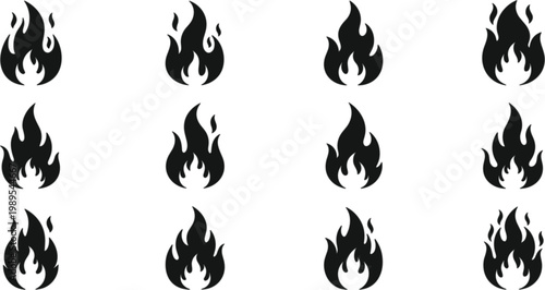 Black Fire Flame Icon Set with Diverse Heat and Spark Silhouettes for Bonfire Camping Safety Warnings Energy Power Trending Social Media Graphics and Hot Creative Designs