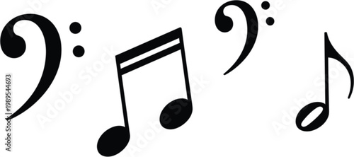 Black Musical Note and Bass Clef Icon Set Featuring Classic Notation Symbols for Music Education Concert Promotion Performance Posters Audio Branding and Creative Artistic Sound Vector Designs