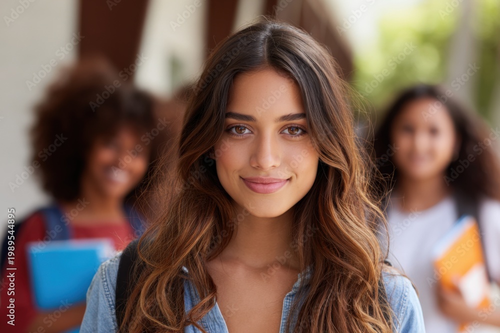Obraz premium Young caucasian female student looking confident with classmates holding books on campus walkway