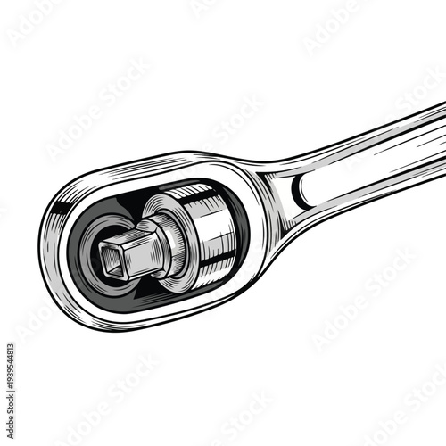 Ratchet socket wrench with a long handle on white background