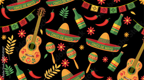Cinco de mayo festive seamless pattern with mariachi guitar, sombrero, maracas, chili peppers and decorations