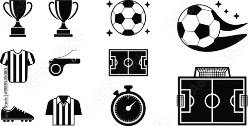 Black and white soccer icons collection featuring trophies, balls, jerseys, shoes, whistles, fields, and referee equipment for sports design