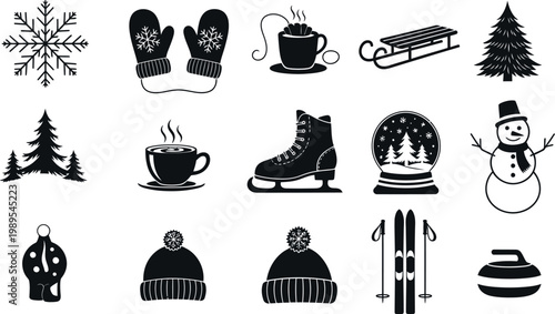 Black winter including snowflake mittens hot chocolate trees ice skate snowman sled coffee