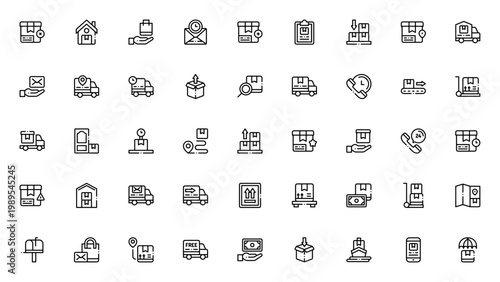 Delivery icon set. Vector logistics and shipping icons pack. Includes symbols for truck, package, tracking, location, warehouse, customer service, payment and more.