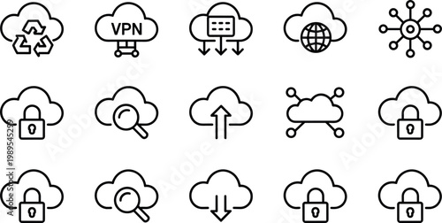Cloud computing and cybersecurity line icons set featuring vpn storage upload download network protection and data access symbols